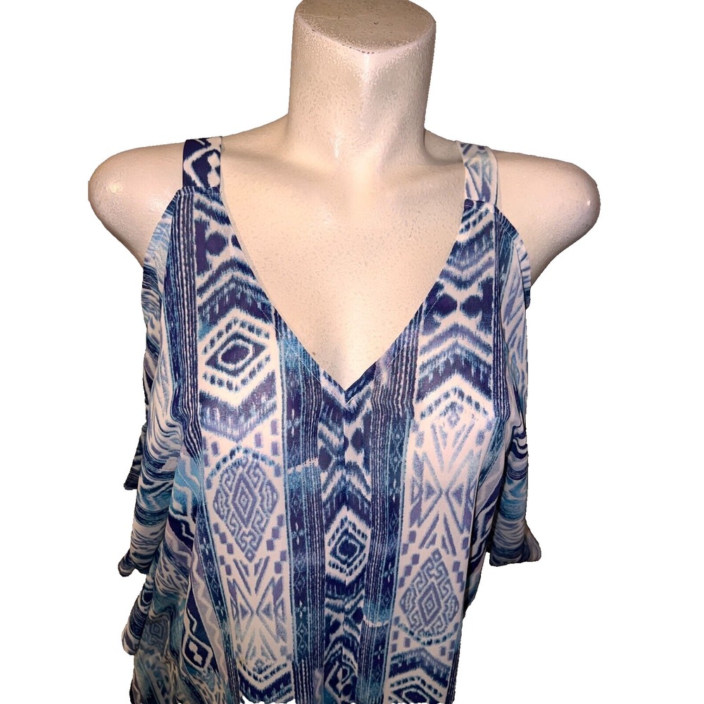 Wendy Bellissimo Cold Shoulder V Neck Blouse Blue Geometric Print Women's S/M - Picture 2 of 9
